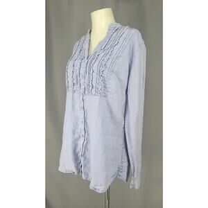 Boden Blouse Womens 10 Blue Linen V Neck Long Sleeve Ruffle Tunic Top Pleated